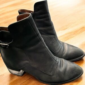Black Leather Ankle Boots with Metallic Heel - Women's